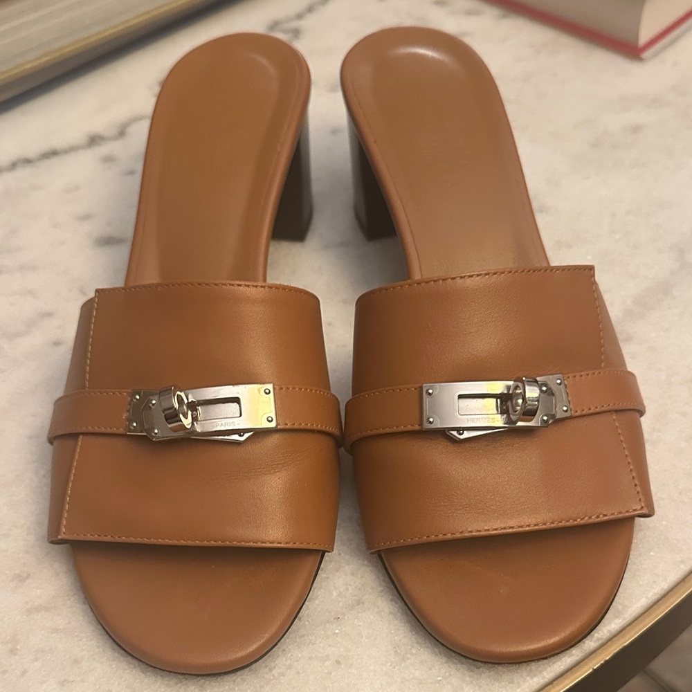 Hermes Brown Leather Mules with Silver Accents